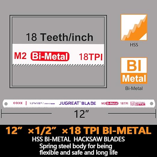 JUGREAT 12" Hacksaw Blades Replacement Bi-Metal,Bi-Metal Safe Flex Metal,High Speed Steel -18TPI (10 Pack)