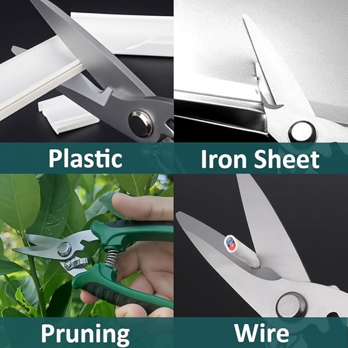 Scissors Heavy Duty, Sharp Tin Snips for Sheet Metal, Industrial Scissors, Serrated Blade, Ergonomic Handle, Easy Cutting Electrical Cable Notch, Leather, Cardboard, Fabric (7.8-In Straight Blades)