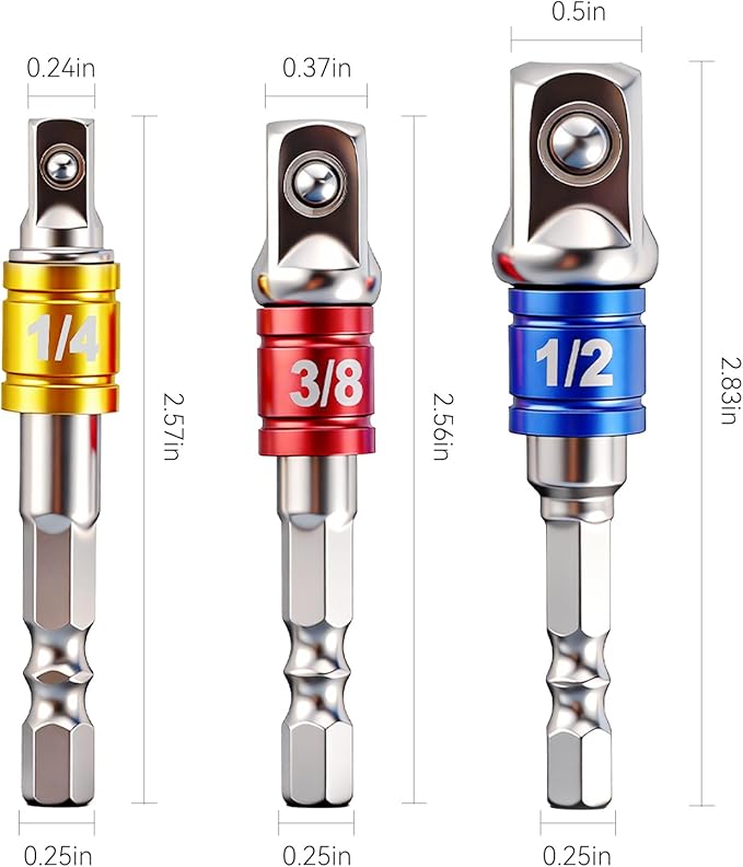 3PCS Hex Shank to Square Heavy Duty Socket Adapter Set, Impact Grade Drill Socket Adapter (1/4", 3/8", 1/2"), Anti-Slip Detent Ball, drill Attachments for Power Drill & Impact Driver