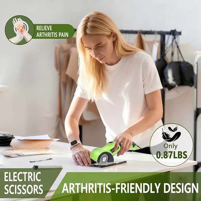 Cordless electric scissors, cardboard cutter, with safety lock, with LED light, two blades for powerful cutting of cardboard, leather, carpet, and fabric (green)