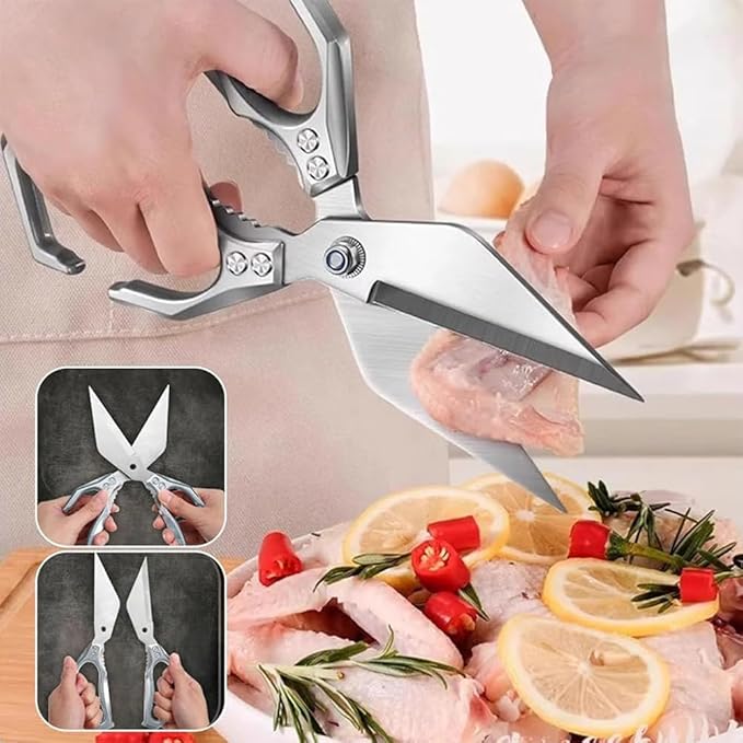 Multifunctional Heavy-Duty Kitchen Shears, Poultry Shears - Heavy Duty kitchen scissors for Food, For Chicken, Meat, Seafood, Bone Cutting (Silver)