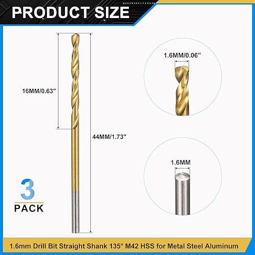 PATIKIL 1.6mm Drill Bit, M42 8% Cobalt High-Speed Steel Jobber Straight Shank 135° Titanium Nitride (TiN) Coated for Hard Metal Stainless Steel - 3 Pack