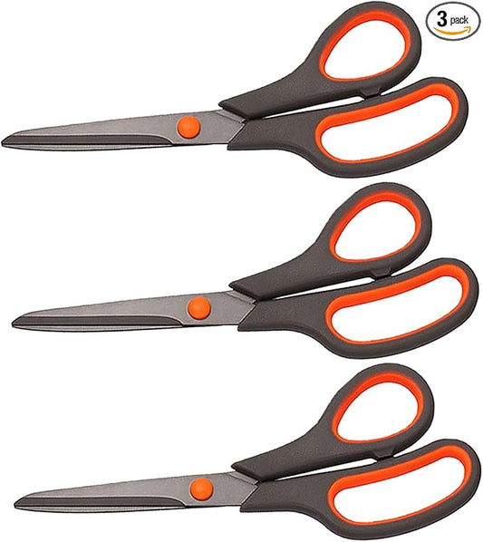Scissors, Rkqoa 8" All Purpose Titanium Scissor Set of 3 Pack - 2.5mm Thick Sharp Scissors Bulk for Office School Sewing Craft Supplies, Classroom Must have, Teacher/Class Shears, Right/Left Handles