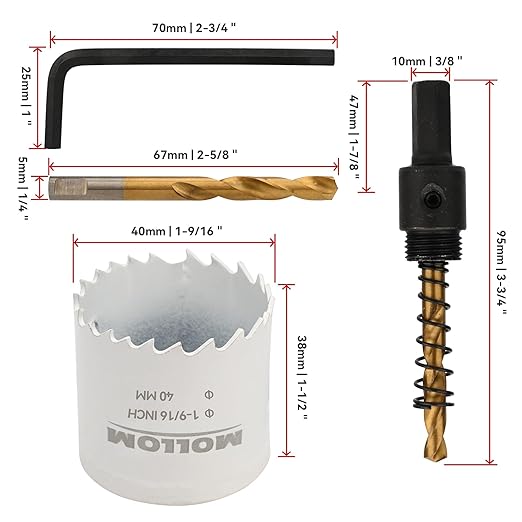 Mollom (40mm | 1-9/16") HSS M42 with 8% Cobalt BI-Metal Hole Saw with 2 Pilot Drill Bits & Arbor Smooth Cutting for PVC,Drywall,Wood,Plastic,Gypsum Board,Rubber