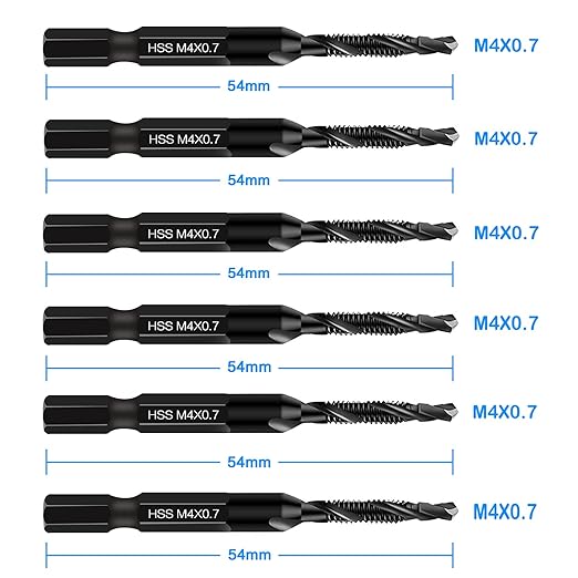DKIBBITH 6 Packs M4 Combination Drill & Taps Bit Set, Screw Threading Tapping Tools in Size M4*0.7 with Anti-Rust Black Coating, 1/4" Hex Shank and Storage Case