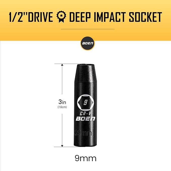 BOEN 1/2" Drive Deep Impact Socket, 9mm Premium Socket, Metric, 6 Point, Cr-V Steel with Laser Marking - Strong and Durable