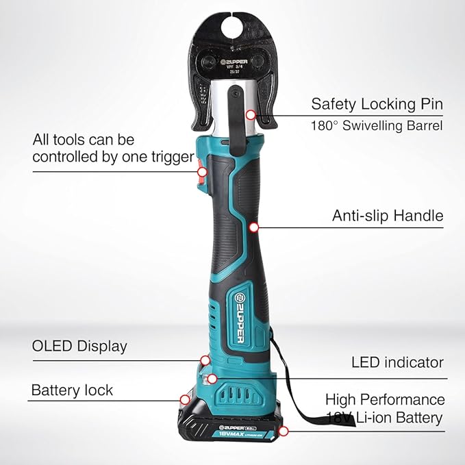 ZUPPER Mini Press Tool kit with 3 Jaws Suitable for PureFlow press fittings 1/2", 3/4", 1", Brushless Motor, 2pcs Battery, Fast Charger & Carrying Case