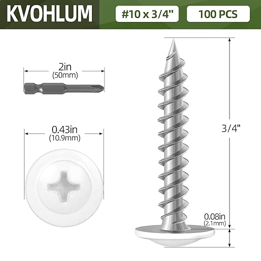 #10 x 3/4" (100 PCS) Modified Truss Head Wood Screws, Phillips Drive Quick Metal Self Tapping Screws, White Head, Full Thread, Screwdriver Bit Included