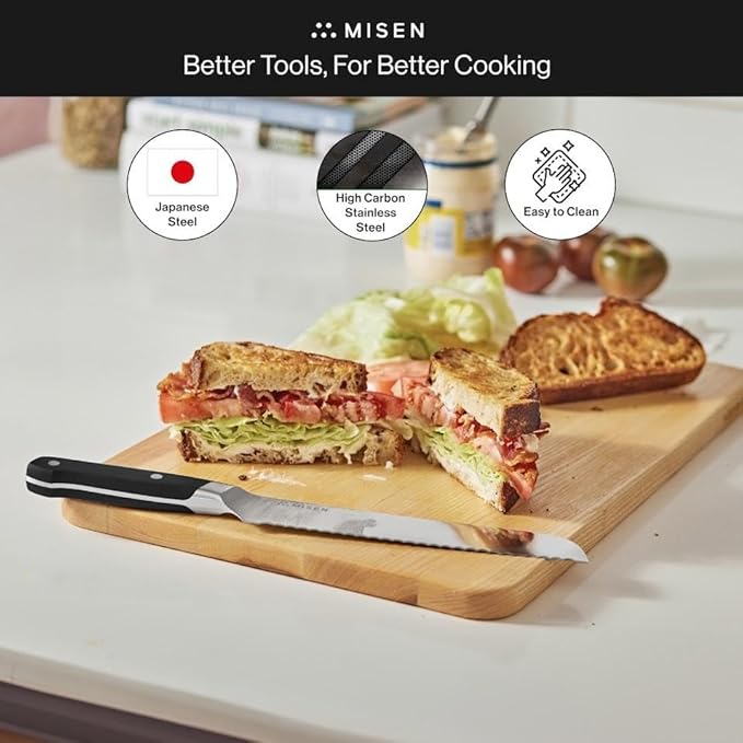 Misen Serrated Bread Knife - High-Carbon Japanese AUS8 Steel - Perfect for Soft Foods, Bread, Pastries, and Fruits - Verstatile Slicer, Razor-Sharp Edge, Durable Blade, Ergonomic Handle - 8", Blue