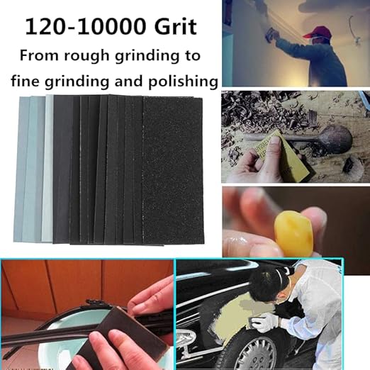 Ultra Fine Water Sandpaper.120 to 2000,3000,5000,7000,8000,10000 Assorted Grit Sanding Paper,Abrasive Paper for Wood Furniture Finishing, Automotive Polishing, 9 x 3.6 Inches