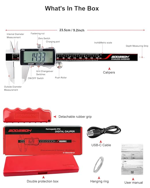 Digital Caliper, 6 Inch Rechargeable & Power Indicator Caliper Measuring Tool - 0.01mm Accuracy, Large LCD Vernier Calipers - IP54 & Stainless Steel, MM/Inch/F for Metal & Wood Working, 3D Printing
