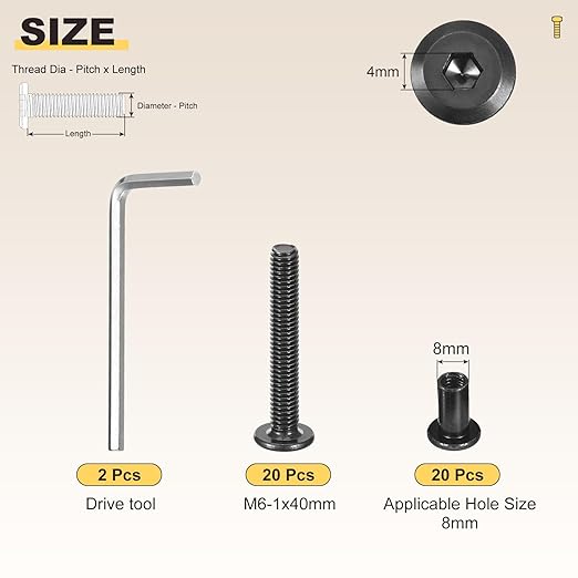 METALLIXITY Furniture Crib Screws Replacement Set with Wrench(M6-1x40mm) 20Pcs, Connector Bolts M6 Screw Barrel Nuts Binding Screws, for Chair Cabinet Bed, Black