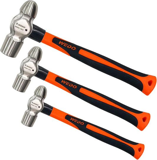 WEDO 3PCS Ball Pein Hammer Set,0.5lb+1lb+2lb(230g+450g+910g),Stainless Steel Ball Peen Hammer Set With Fiberglass Handle,Die-forged,Shock-resistant,Corrosion Resistant