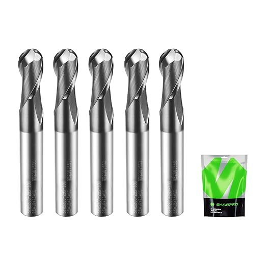 Carbide Ball Nose End Mills Set 2 Flute 10mm SHK. 10mm Cutting Dia. 3D Carving, High-Speed and Deep Cutting, AlCrN Coated, Apply for Alloy Steel, Stainless Steel and Various Cast Iron. (5PCS)