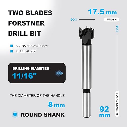 11/16 Inch Forstner Drill Bit Carbide Tipped,Woodworking Hinge Cutter for Precise Flat Bottom Holes in Hard Wood,Plywood,Plastic - Professional Grade