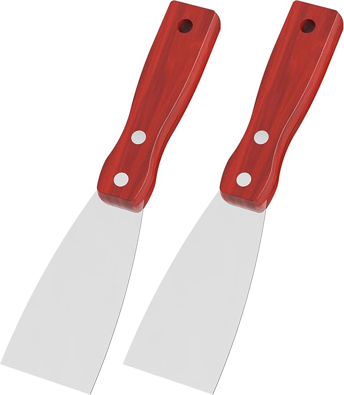 Putty Knife, 2PCS 2 Inch Stainless Steel Scraper Tool, Wooden Handle Metal Spackle Knives for Drywall, Decals, Wall Paper, Floor Tile, Patching, Painting, Taping, Scraping Coating