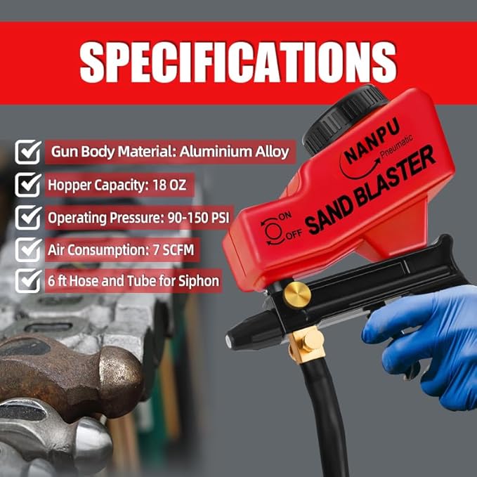 NANPU Light-Duty Air Sandblaster Gun Kit with Siphon & Gravity Feed, Ceramic Nozzle, Metal Body, for Small Project Surface Prep, Paint & Rust Removal, Metal/Wood/Glass Etching竊똓equires Air Compressor