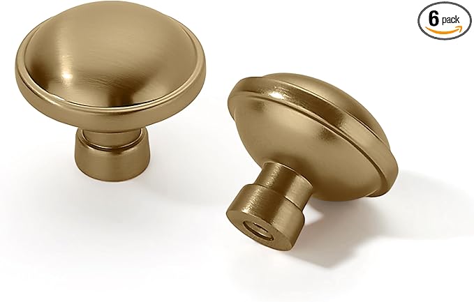 Khtumeware 6 Pack 1-1/4 inch Brushed Brass Cabinet Knobs - Brushed Gold Drawer Pulls for Kitchen & Dresser Drawers