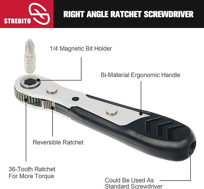 STREBITO Mini Ratchet Set, 22-Piece 1/4 Ratchet Right Angle Screwdriver, 36-Tooth Small Ratcheting Wrench Bit Ratchet For Tight Spaces, with Phillips, Slotted, Torx, Hex, Square and Adapter for Socket