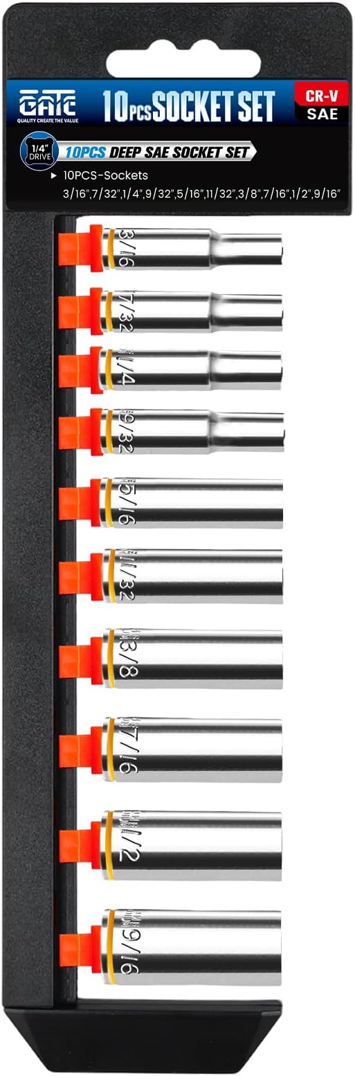 10PCS 1/4??Drive Deep Socket Set, SAE (3/16"-9/16"), 6-Point, Cr-V Steel, Chrome Plated Socket With Hanging Bracket, Cover Most Commonly Sizes