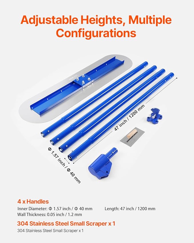 VEVOR Bull Float Magnesium Concrete Float, 47.24 x 7.28 Inch Round End Concrete Float Tool with 4 Aluminum Alloy Replaceable Handles, Cement Finishing Float for Various Industrial Applications