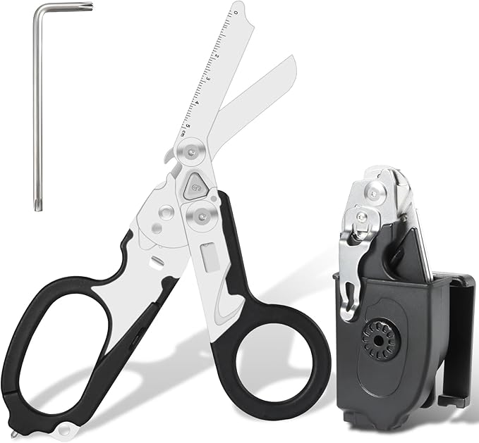6-in-1 Multi-function Trauma Shears With Holster, Trauma Shears for Nurses Foldable, Heavy Duty Stainless Steel Scissors all Purpose, Outdoor Camping Rescue Scissors（Black）