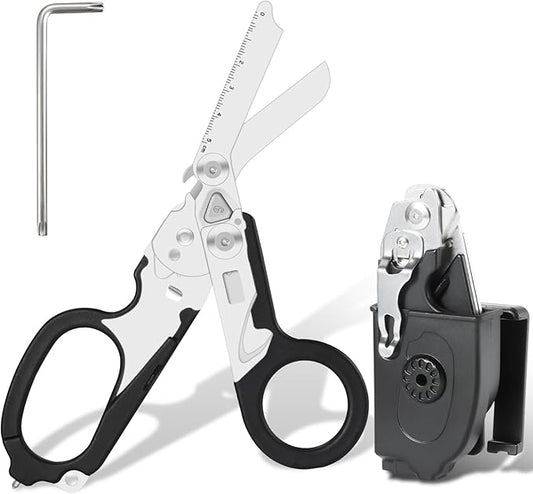 6-in-1 Multi-function Trauma Shears With Holster, Trauma Shears for Nurses Foldable, Heavy Duty Stainless Steel Scissors all Purpose, Outdoor Camping Rescue Scissors（Black）