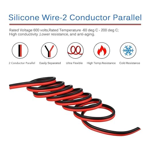 BNTECHGO 12 Gauge Flexible 2 Conductor Parallel Silicone Wire Red Black 3ft Stranded Tinned Copper Wire