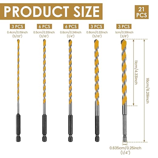 21 PCS Concrete Drill Bit Set 5/32"-3/8" Masonry Drill Bits Set 5 Sizes Carbide Drill Bits Carbide 1/4 Hex Shank for Glass/Brick/Plastic/Cement/Tile (3 Set)