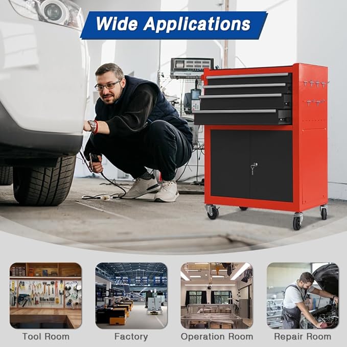 13-Drawer Tool Chest with Double Door and wheels, Large Detachable Toolbox with Sliding Drawers, Mechanic Tool Box Storage Cabinets, Metal Tool Cart for Garage Workshop (RED＆BLACK)