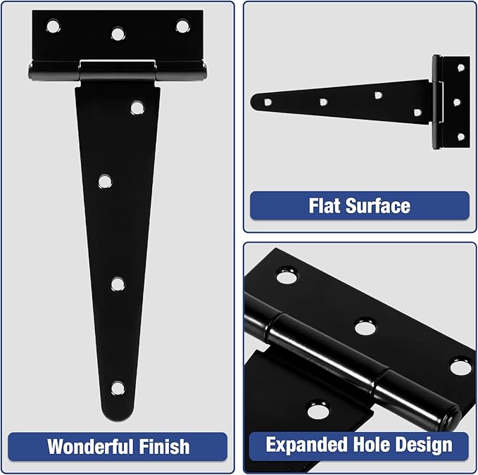 8 Inch Gate Door Hinges T-Strap Shed Hinge Heavy Duty 4 Pack Barn Farm Fence Tee Hinges for Doors Outdoor Kitchen Wood Cabinet Interior Exterior Window Bar Shop Matte Blake Door Hinge Hardware Kit
