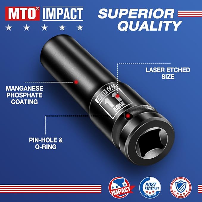 MTO 1/2" Drive 11mm Deep Impact Socket, 6 Pt. Metric Socket, CR-MO Steel & Anti-Corrosion Coating for Heavy-Duty Use