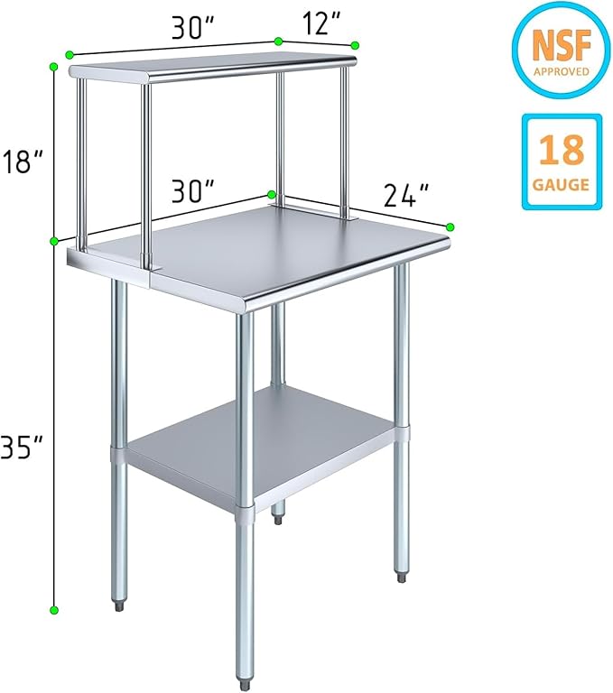Stainless Steel Work Table with Wide Single Tier Overshelf | Metal Kitchen Prep Table & Shelving Combo (24" x 30" Work Table + 12" Overshelf)