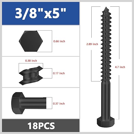 Lag Screws Wood Screws (18PCS, 3/8"x5", Black) Hex Head Lag Bolts,(10x120) Heavy Duty Lag Screws,304 Stainless Steel Bolts 18-8