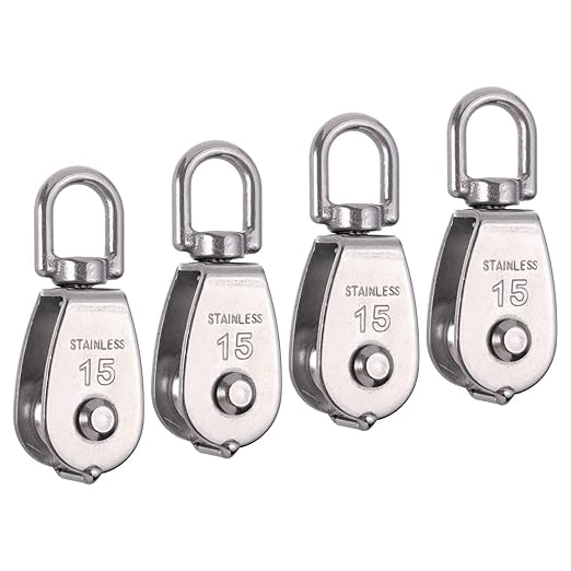 Rocaris 4 Pack M15 Lifting Single Pulley Block 304 Stainless Steel Crane Swivel Hook Double Pulley Roller Loading