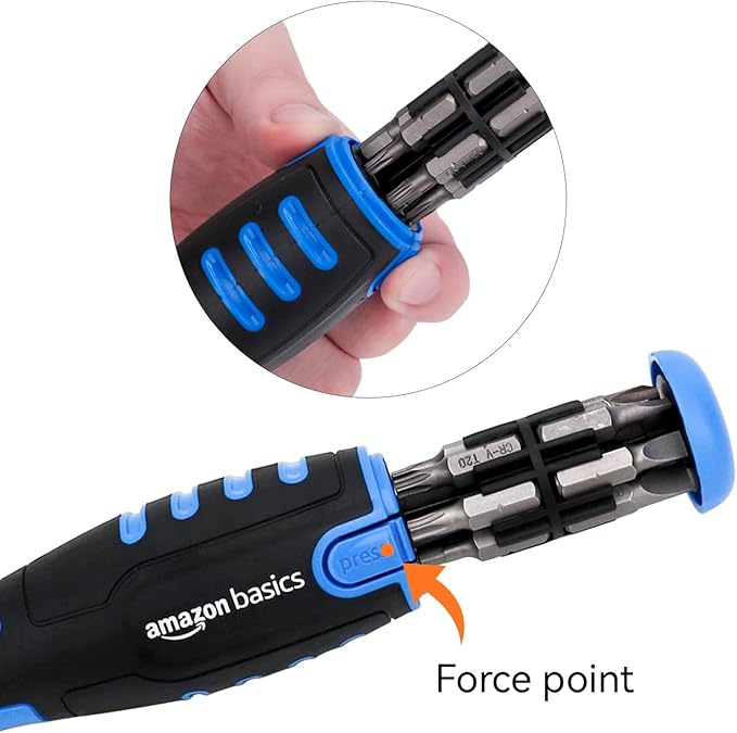 Amazon Basics 12 Piece Ratcheting Magnetic Screwdriver Set with Multiple Bits, Black, Blue, Silver