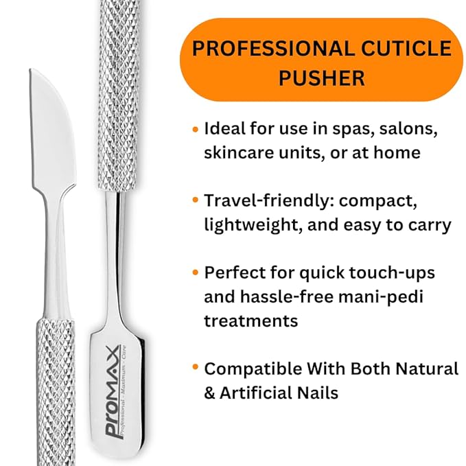 Promax care - Cuticle Pusher and Cutter - Professional Grade Stainless Steel Cuticle Remover and Cutter - Durable Manicure and Pedicure Tool - for Fingernails and Toenails - (Silver)