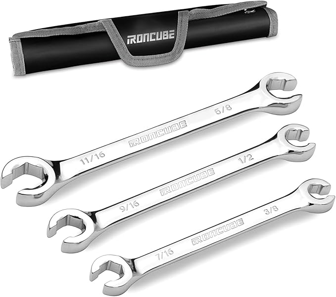 ironcube Flare Nut Wrench Set: 3-piece SAE 3/8'' to 11/16'' - Line Wrench Set for Removing or Replacing Nuts on Fuel, Brake or Air Conditioning Lines