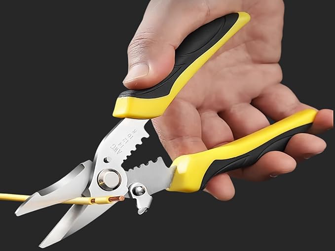 Scissors All Purpose Heavy Duty - Electrician Scissors for Cutting/Stripping Wires - Sharp Shears With Serrated Blades - Utility Snips Easy Cutting Carpet/Cardboard/Wires/Leather/Fabric (7.68In)
