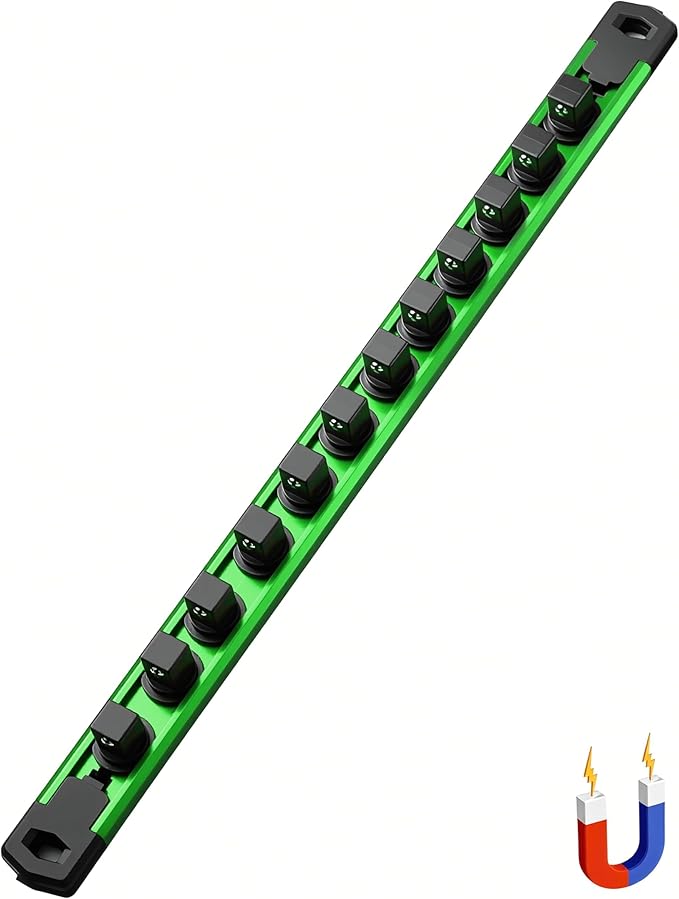 ALOANES 1/2-Inch Drive Magnetic Socket Organizer, Heavy Duty Aluminum Socket Rail Organizer, 360째 Swivel Clips Socket Holder Kit for Tool Box, 1/2-Inch Socket Holder x 12 Clips (Green)