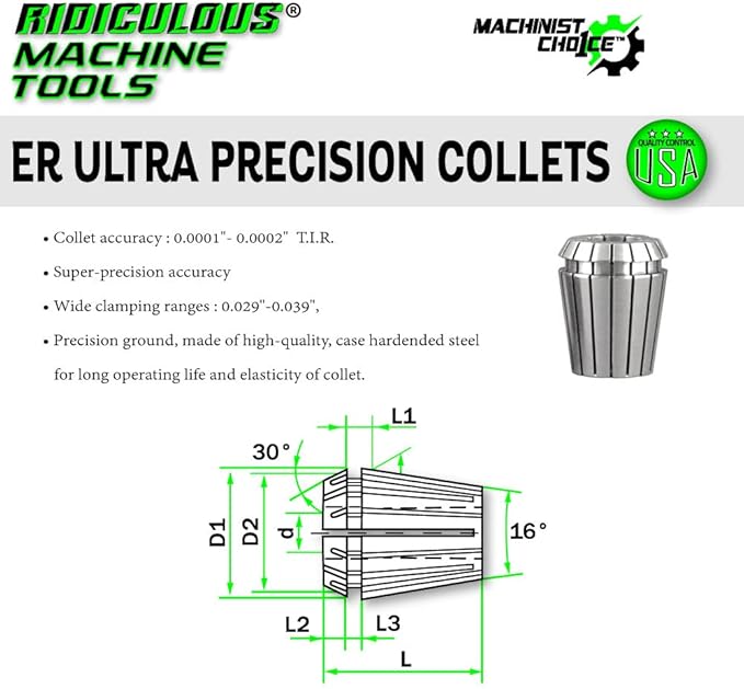 ER16 ULTRA Precision Spring Collets (0.0001" T.I.R.) USA 100% Quality ControlMachinist Choice™