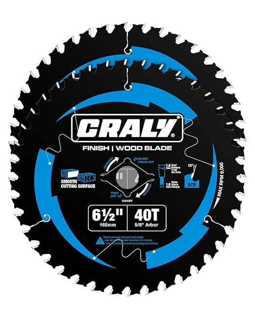 CRALY 6-1/2 Inch 40 Teeth Fine Finish Wood Cutting Circular Saw Blade, 5/8 Inch Arbor, Carbide Tipped, Thin Kerf, Black Ice™ Coating, for Plywood, MDF, OSB, Laminated, 2-Pack(C0640FF-2)
