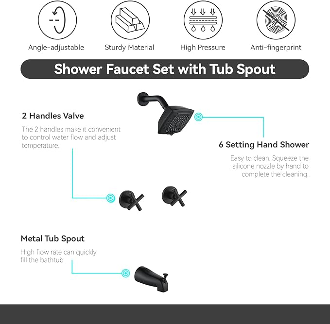 2 Handle Shower Faucet Set with Tub Spout 6-Spray Shower Head and Handle Set Shower Trim Kit with Rough-in Valve Bathroom Shower Faucet Valve Trim Kit Matte Black