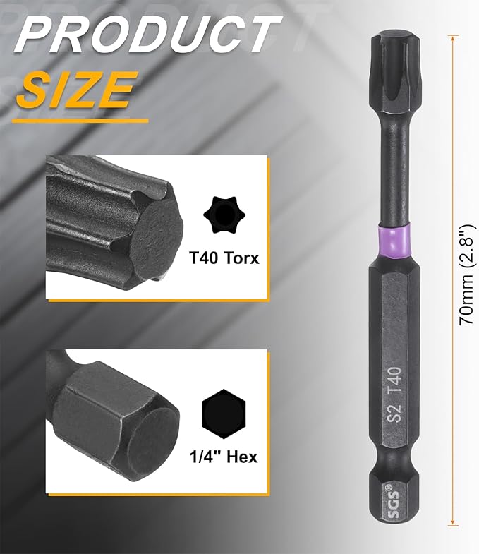 HARFINGTON 2pcs T40 Torx Head Impact Screwdriver Bits 1/4" Hex Shank 2.8" (70mm) Long Magnetic No Hole Tamper Proof 6 Point Star Screw Driver Drill Bits Phosphate S2 Steel Power Tools