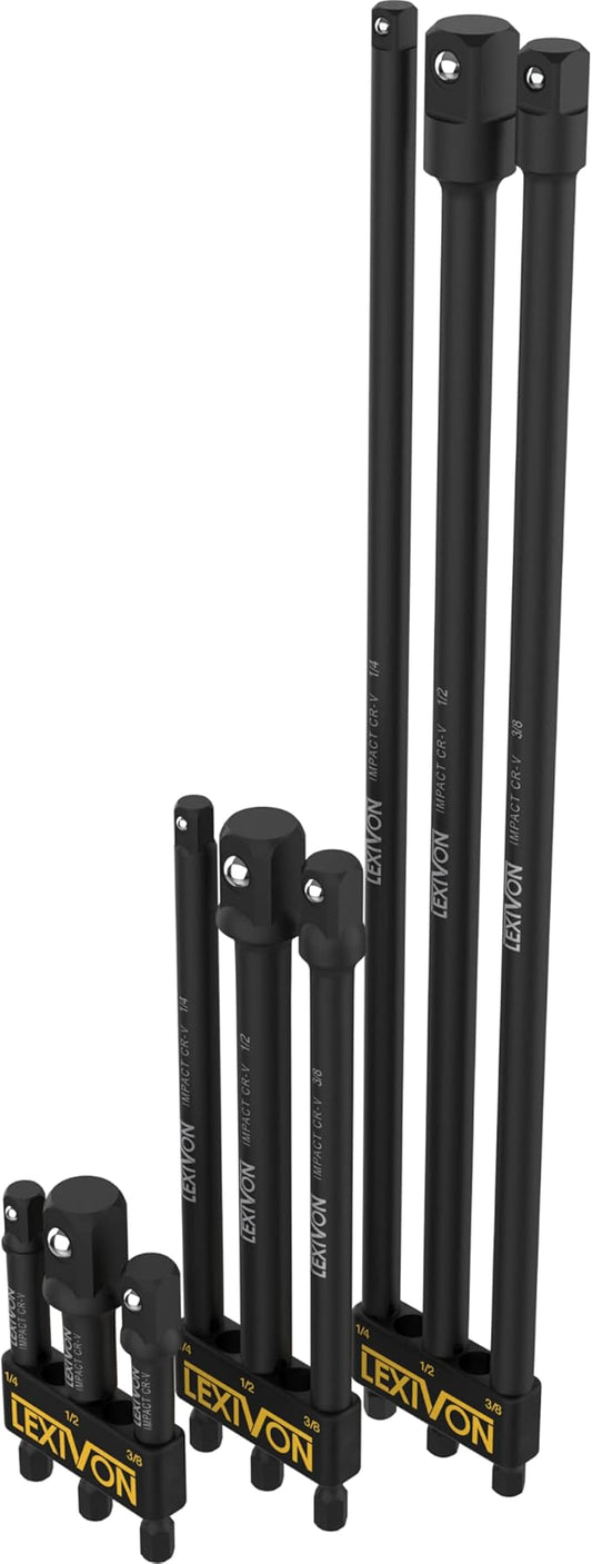 LEXIVON 9-Piece Impact Grade Socket Adapter Set - 3", 6", and 12" Extension Bit With Holder | 1/4", 3/8", and 1/2" Drive, Adapt Your Power Drill To High Torque Impact Wrench (LX-106)