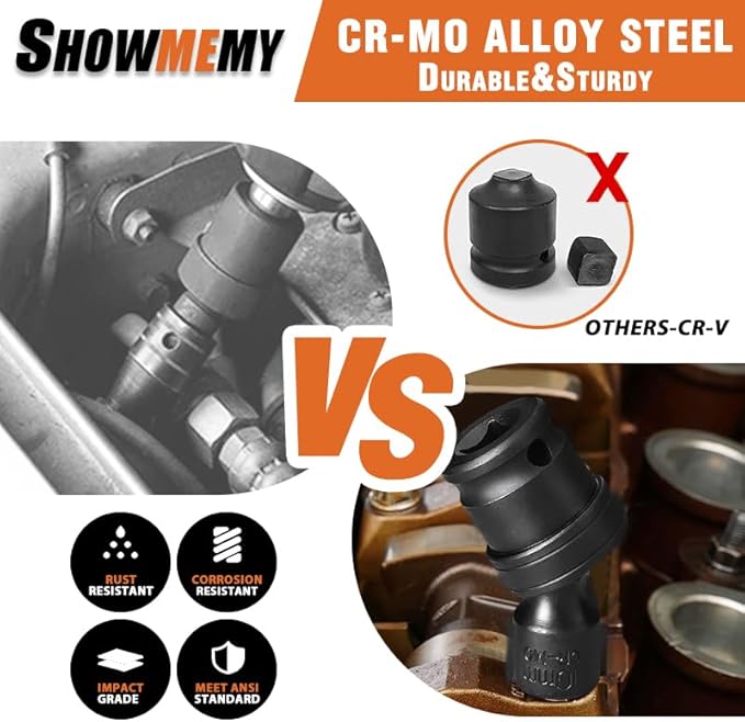 Drive Impact Universal Joint Socket Set, 6 Points, Shallow Swivel Socket Set, Cr-Mo Steel. Heavy Duty Storage Case (Metric 3/8", Metric 3/8")