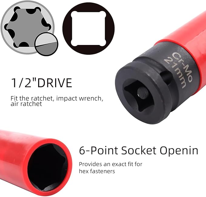 Greywolf 1/2" Drive Nut Sockets, 5-Pack Impact Nut Sockets (Metric 17, 19, 21mm and SAE 13/16, 7/8") Chrome-Moly Steel, Thin Wall Hub Removal Tool with Color Protective Cover