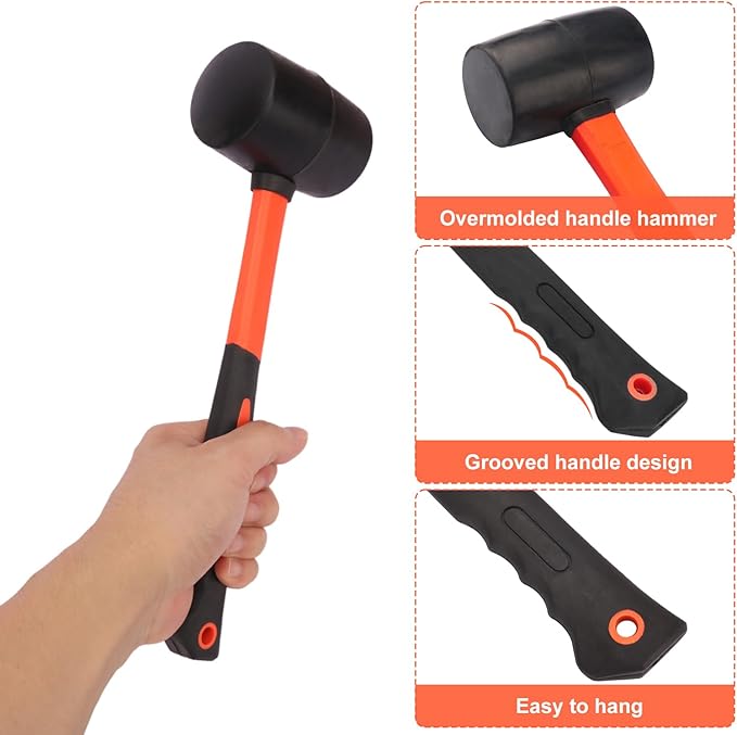 4 PCS 16 OZ Rubber Mallet, Rubber Hammer Head With Black-Yellow Fiberglass Handle Perfect For Wood, Metal, Plastic, Glass, And Ceramics. By GENHAKON