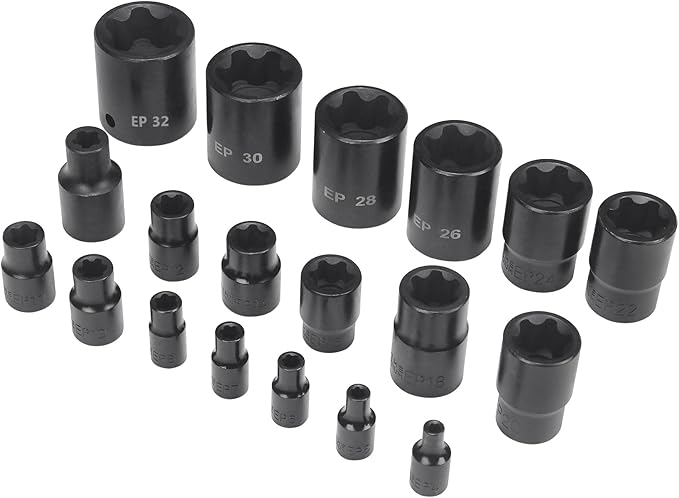 19pc External Torx Plus Socket Set 6 Point EP4, EP5, EP6, EP7, EP8, EP10, EP11, EP12, EP14, EP16, EP18, EP20, EP22, EP24, EP26, EP28, EP30, EP32 with 1/2'' 3/8'' 1/4'' Dr E-Torx Plus Socket