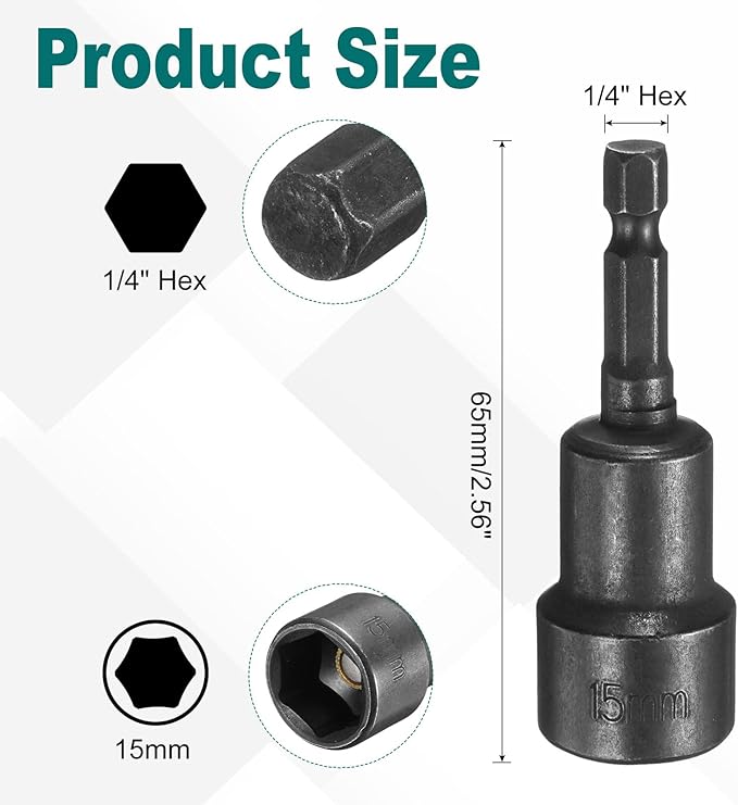 uxcell 2Pcs 1/4 Hex Shank 15mm Magnetic Hex Socket 65mm Length, CR-V Steel Quick-Release Impact Driver Socket Wrench Screw for Impact Drill Power Nut Setter